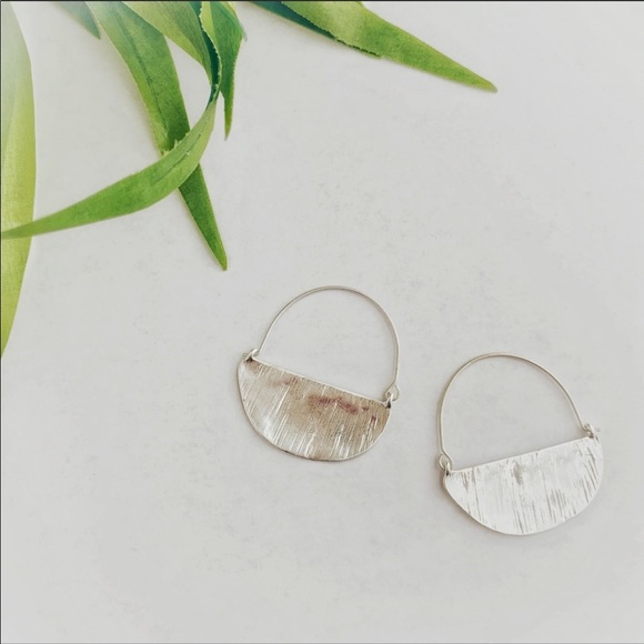 Half Moon Hammered Drop Hoop Earrings in Silver - Picture 2 of 6